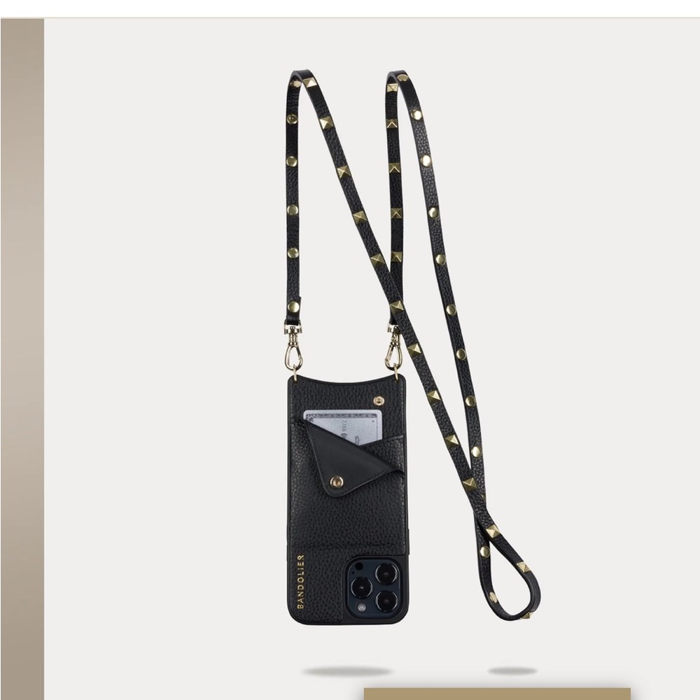 Bandolier Pebble Leather Crossbody Strap Only. Gold tone pyramid studs